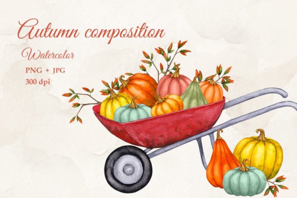 Capturing Autumn’s Charm with the Pumpkins on a Wheelbarrow Watercolor PNG