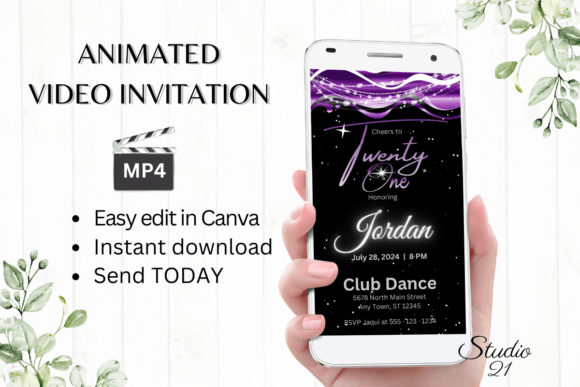Modern 21 Birthday Invitation: Digital Animated Templates